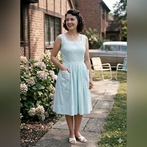 Vintage 50s 60s Mint Stripe Eyelet Sun Dress Cottagecore Pockets Mid Century